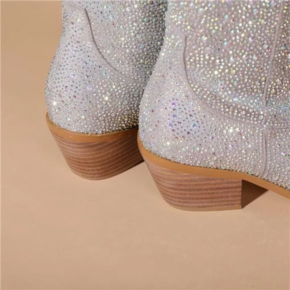 Women's Rhinestone Cowboy Boots Sparkly Knee High Boots Fashion Pointed - Picture 6 of 8
